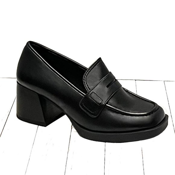 New Black Women Slip On Chunky Heel Penny Loafers - Picture 4 of 7